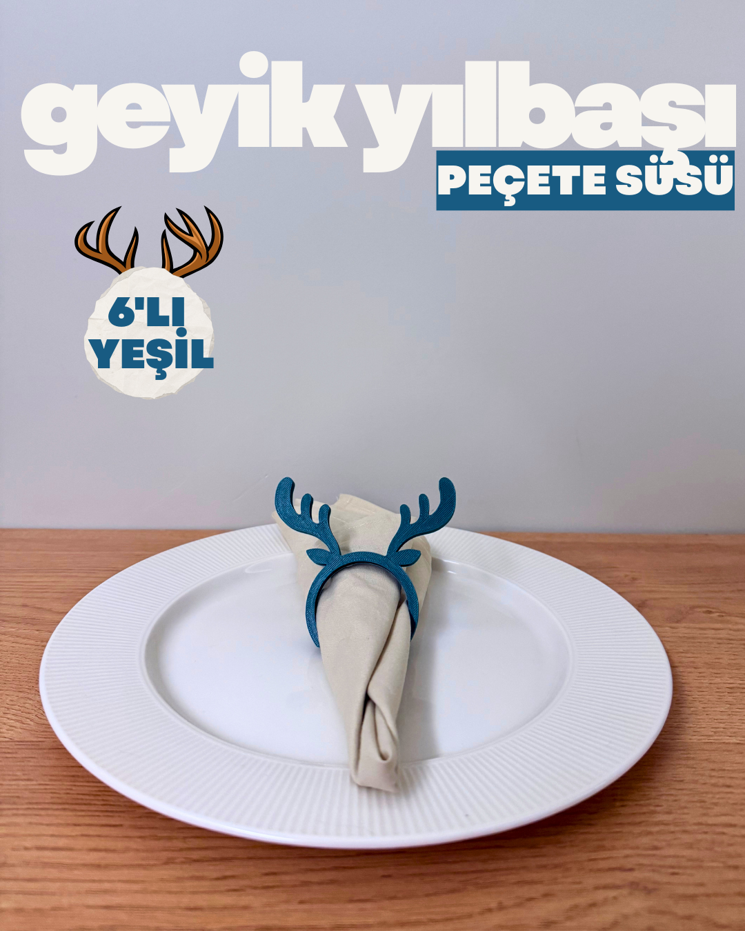 Geyikli Yılbaşı Peçete Süsü 6'lı Yeşil Set