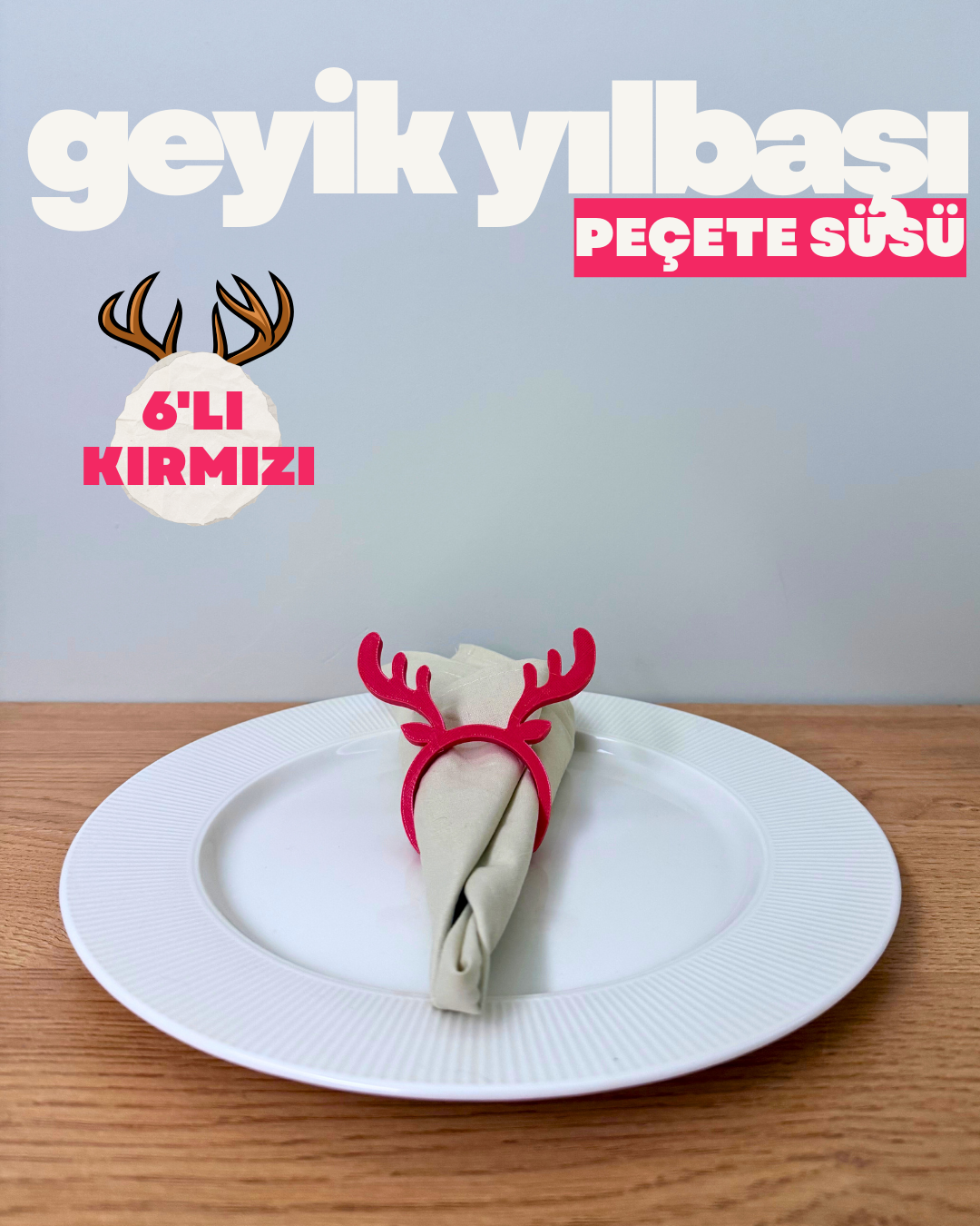 Geyikli Yılbaşı Peçete Süsü 6'lı Kırmızı Set