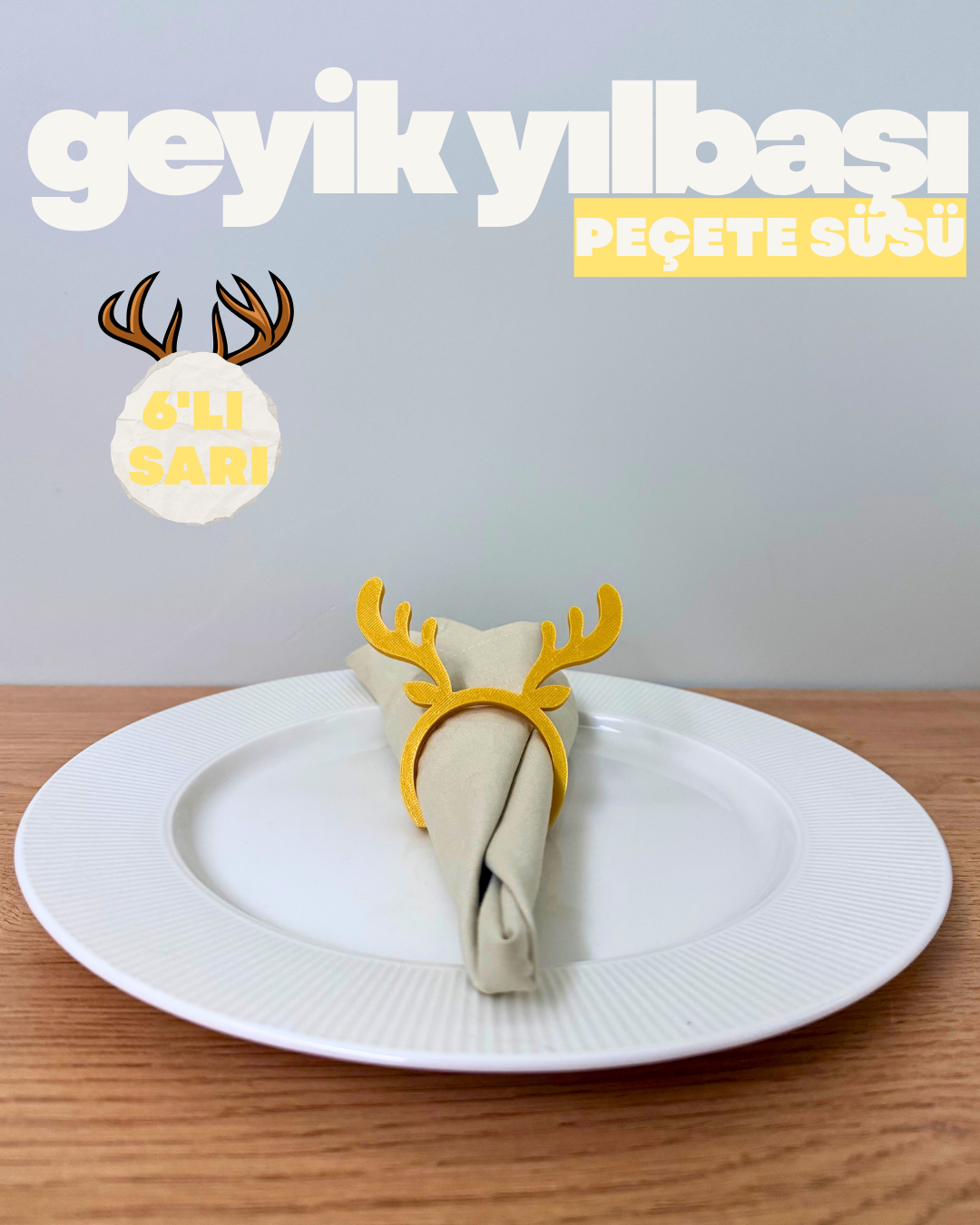 Geyikli Yılbaşı Peçete Süsü Sarı 6'lı Set