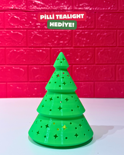 Pilli Tealight Yeşil Yılbaşı Ağacı Lamba