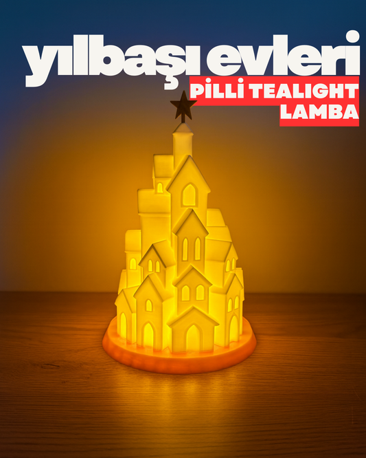 Pilli Tealight Beyaz Yılbaşı Evleri Lamba